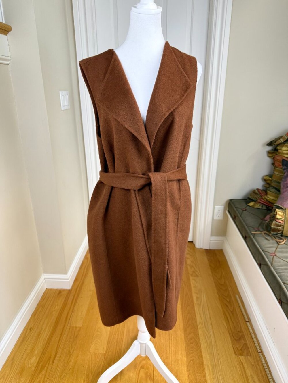 Talbots Longline Sweater Vest Wool Blend Sleeveless Belted Cognac Layering (M) - Picture 3 of 8